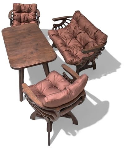 Wood Spark Essgruppe Set - Eleganter Tisch & Sofa mit Holzdesign in Wenge und Matratze in Schokoladenbraun - Ideal für Esszimmer, Balkon oder Terrasse