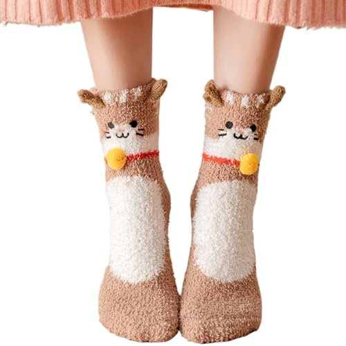 QOMJUFA Calzini Donna, Calza in pile corallo, caldi calzini invernali donna, Calzini Pile da Casa Termiche Antiscivolo, calzini gatto, Calze Morbidi Invernali Donna, calzini pelosi