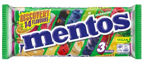 Mentos Dragees Discovery, Optimal-saure Frucht-Bonbons mit 14 Flavours, fruchtig-spritzige Kaubonbons, Optimaligkeiten 3er Pack (3 Rollen), vegan