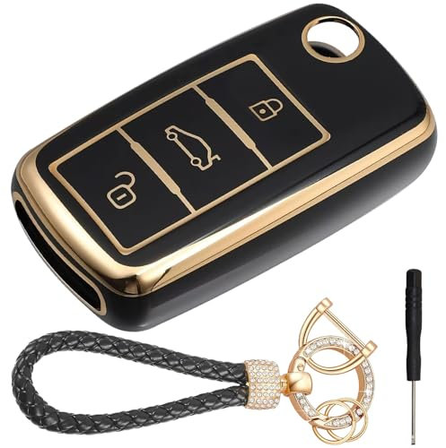 LbsAMP Protège Clef de Voiture 3 Boutons Tup Compatible avec VW Golf 5 6 Polo Touran Touareg Passat MK6 Caddy Jetta Scirocco Skoda Seat Coque Clé VW étui pour Clé de Voiture avec Porte Clés - Noir