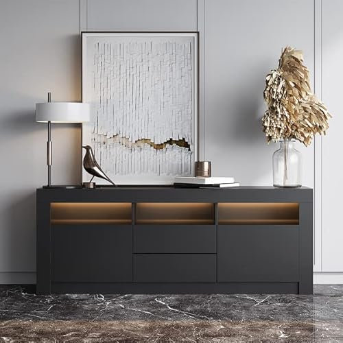 Meuble TV moderne haute brillance 160 cm avec éclairage LED Noir brillant Buffet de rangement