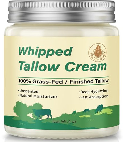 Beef Tallow Skin Care, Whipped Tallow Face Cream, Grass Fed Beef Tallow Moisturizer Deeply Nourishing for Face & Body, Natural Unscented Tallow Blam for Dry Skin,120g