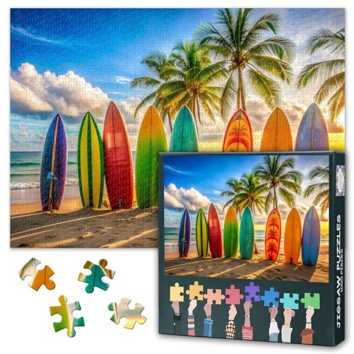 Tropenstrand Puzzle de 1000 pièces pour adulte - Coucher de soleil avec planches de surf et palmiers - Puzzle vibrant de qualité supérieure - 70 x 50 cm