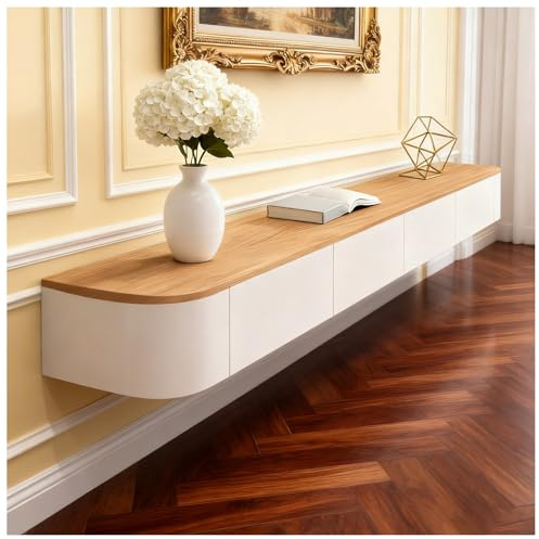 JUNFUNNLE 220CM Beige TV-Schrank mit 2 Schubladen & 2 Klappe, Wandmontierbares Lowboard, Medienkonsole mit Kabelkanälen, Komplett Montiert