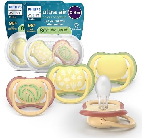 Philips Avent Ultra Start Pacifiers - Design ortodontico, per neonati 0-6 mesi, tettarella simmetrica in morbido silicone, senza BPA, 2 custodie per la sterilizzazione, confezione da 4, SCF087/21