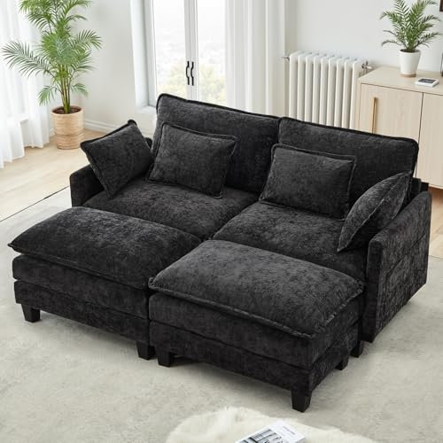TCGBKAF Modulares Sofa mit Schlaffunktion,Chenille Ecksofa Klein mit Dicken Polstern,Sofa L Form Set mit Couch Kissen,Bequemer Sessel Wohnzimmer Couch mit Hocker,Chaiselongue (Schwarz, 197 cm L-Form)