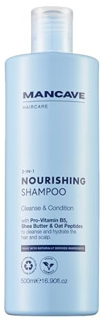 ManCave Nourishing 2-in-1 Shampoo 500ml for Men, Mens Shampoo | Argan oil, oat peptides, panthenol, shea butter, fights dandruff, strengthens and hydrates hair