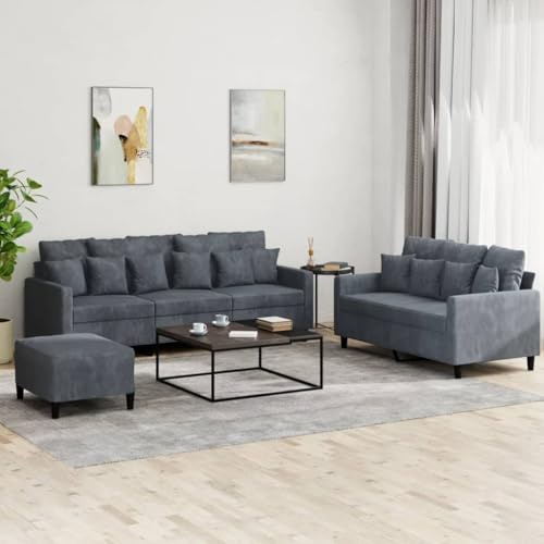 Emmtore 3-TLG Sofagarnitur mit Kissen Dunkelgrau Samt,Dunkelgrau,Mit Kissen & Fußhocker