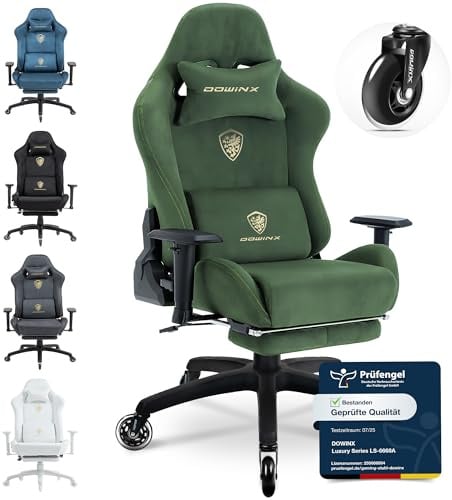 Dowinx Gaming Chair with Faux Suede Fabric and Rubber Casters, Ergonomic Gamer Chair with Adjustable Massage Lumbar Support, 160° Reclining Backrest, Big and Tall Computer Chair with Footrest, Green