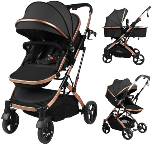 2 in 1 Cabrio Kinderwagen mit Babywanne, Wendesitz, Faltbarer Hoch, 40 kg Kapazität, Offroad-Kinderwagen für Neugeborene bis 3 Jahre, Schwarz