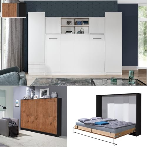 QMM Schrankbett Wandbett Wandklappbett horizontal HB 120x200 mit 2 Schränken & Aufsatz Farbauswahl neu (Eiche Lancelot & Schwarz)