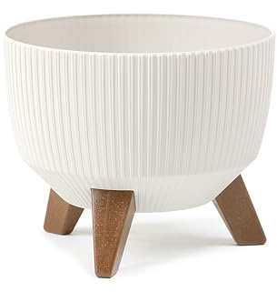 LAMELA Pot de Fleurs Rond sur Pieds - Plastique Rayé - Ø 24 cm x H 15 cm, 5,1 L - Résistant et Facile d'entretien - Intérieur et Extérieur - Crème