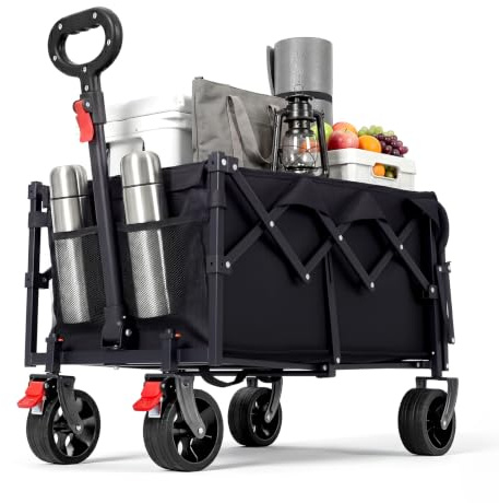 HAUSPROFI Kleines Bollerwagen Faltbar 80-100L 100KG Tragkraft | Faltbarer Bollerwagen Geländetauglich mit Bremsen, All-Terrain, Seitentasche und Getränkehalter, für Outdoor, Camping, Garten