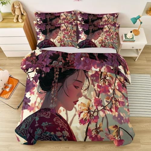 Japanese Elegant Duvet Cover King, Easy Care Bedding Geisha Flower Cherry Blossom Tree, Reversible Soft Touch 100% Microfibre Design Includes Pillowcase, Purplish Red Light Beige Apricot