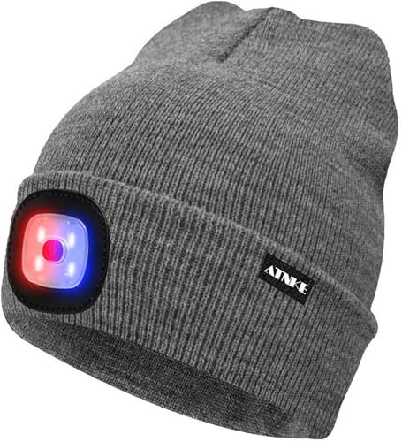ATNKE LED Beleuchtete Mütze,Wiederaufladbare USB 4 LED Rot und Blau Leuchten Blinkender Laufmütze mit Licht Extrem Heller Lampe Winter Warme für Herren und Damen Geschenke/Grey