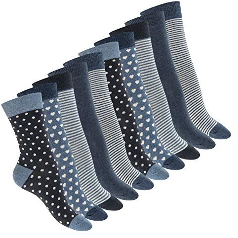 Celodoro Pack de 10 paires de chaussettes en coton pour femme Différents motifs au choix - Bleu - 39-42
