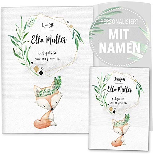 OLGS U-Heft und Impfpasshülle Set | Fuchs in Grün Untersuchungsheft- 3-teilig & Impfpass Hülle personalisiertes Geschenk Baby | Babygeschenke zur Geburt - Uhefthülle, Impfpasshülle personalisiert