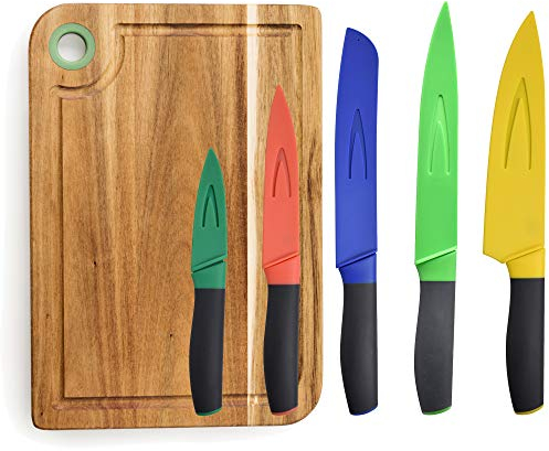 UNITED COLORS OF BENETTON. PK2225 Set 5 Cuchillos de Cocina con Funda/Protector y Tabla de Cortar 33x23x1.5cm Madera de Acacia Casa Benetton, Acero Inoxidable