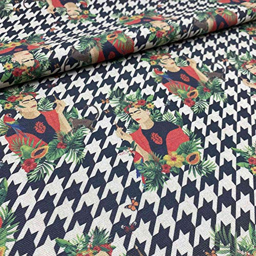 Kt KILOtela Leinwandstoff, Meterware, digital bedruckt, Half Panama, 100 % Baumwolle, Breite 140 cm, Länge wählbar von 50 in 50 cm, Frida, Hahnentrittmuster, mehrfarbig