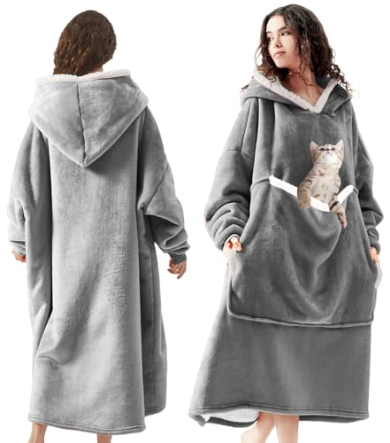 auvstar Coperta Felpa con Cappuccio Flanella, Felpa Oversize con Cappuccio in Pile Sherpa, Ultra Morbida Calda Confortevole con Tasca Gigante, Taglia Unica per Adulti Adolescenti Uomo Donna (Grigio)