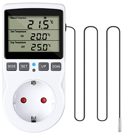 Termostato Digital con Sensor, Xpsirny Controlador de Temperatura con Sonda 220V, Digital Termostato Enchufe Calentamiento Enfriamiento Temporizador Enchufe para Incubadora Invernadero Acuario Reptil