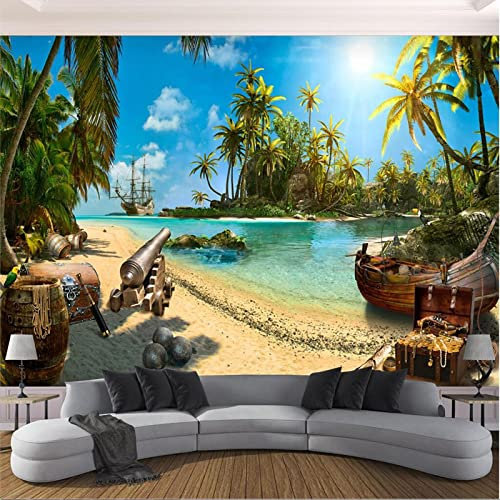 XTSWallpaper Auto Adhésif Stickers 3D Muraux - 400X280Cm Vert Arbres Plage - Papier Peint Murales Panoramique 3D Papier Peint Personnalisé Photo Murale Cafe Tv Fond Peinture Murale