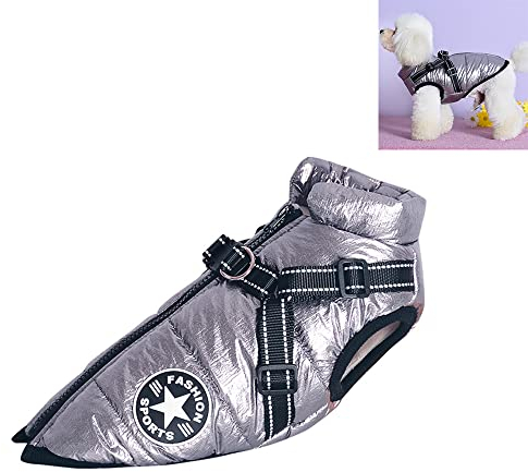 Nyescasa Hundejacke mit Geschirr, Reflektierend Wasserdichter Hund Winterjacke für Kleine Mittlere Große Hunde, Maschinenwaschbarer Hundeweste für Französische Bulldogge Chihuahua(XL, Silber-Grau)