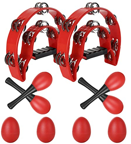 YOUNTHYE 2Pack Half Moon Tambourine Set, Double Row Tambourines for Adults with 4 Egg shakers and 4 Maraca Set, Perfect for Musicians, Singers, Music Classes, Bands