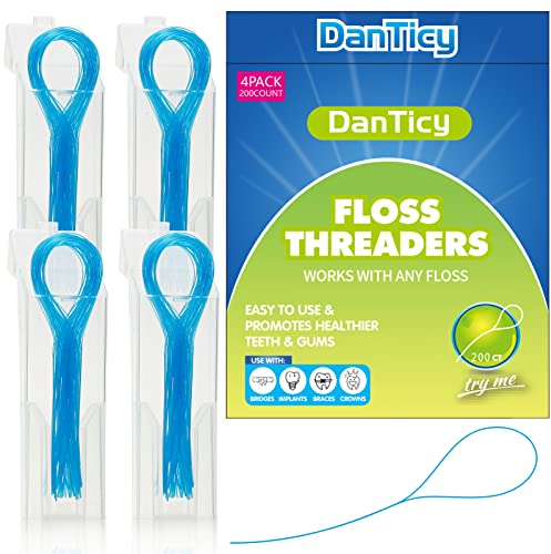 Zahnseideeinfädler, Deep Clean Zahnseideeinfädler für Zahnspangen, Brücken und Implantate 200PCS(4Pack),Blau
