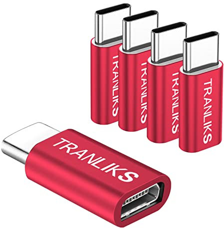 TRANLIKS 5 Pack Adaptador Micro USB a USB C, Adaptador Micro USB Hembra a Tipo C Macho para sincronización de Datos y Carga – Rojo
