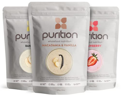 Purition Large Bag 3-Pack – Strawberry, Banana & Macadamia Vanilla | High Protein Wholefood Shakes | Natural Meal Replacement + Whey Protein | Keto Diet, Weight Loss & Healthy Breakfasts | 36 Servings