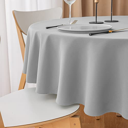 Yeahshion Schmutzabweisende Runde Tischdecke Hellgrau Φ150cm, wasserdichte Tischdecke aus Polyester mit Gewelltem Rand für Tisch, Essen, Restaurant