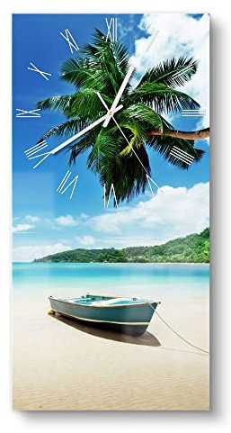 DEQORI Glasuhr | horizontal 30x60 cm | Motiv Boot im seichten Wasser | große XXL Design Uhr aus Glas | leise Wanduhr für Wohnzimmer & Küche | moderne Hingucker Uhr für die Wand