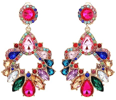Adramata Clip Ohrring für Damen Strass Ohrring Clip Große Herz Ohrringe mit Anhänger Geometrische Ohrclips Damen Ohne Ohrlöcher Modische Bunte Gefälschte Strass Ohrringe Non Piercing
