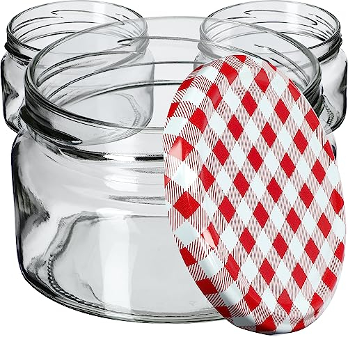 KADAX Lot de 10 petits bocaux à confiture avec couvercle - 250 ml - hermétiques - Pour cadeau - Pour miel et épices - Rouge à carreaux
