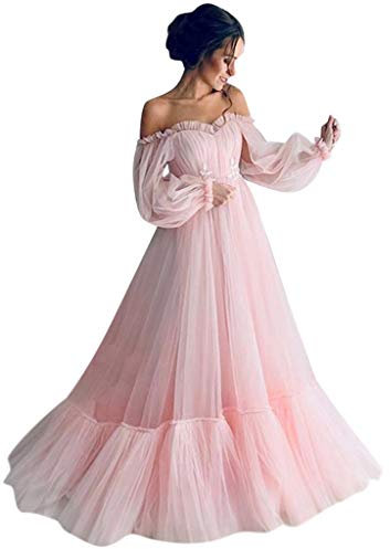Robe de Soirée Longue en Tulle pour Femme - Princesse, Épaules Dénudées, Manches Longues - Robe de Bal - Rose, XXL