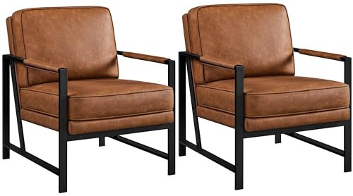 Yaheetech Fauteuil de Salon Moderne Fauteuil d'appoint Design avec Coussins Rembourrés Cadre en métal Fauteuil de Lecture Confortable 2/Marron Clair