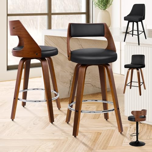 ALFORDSON Bar Stools Set of 2, Thick Padded Barstools PU Leather, Wooden Kitchen Chair with Backrest and Footrest, for Dining Room Pub Bar Countertop, 150KG Loads, Black