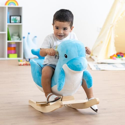 ATAA Caballito balancín para bebé en Forma de Delfín, Caballo Mecedora Suave con con música, manillas, reposapies y cinturón (Delfin)