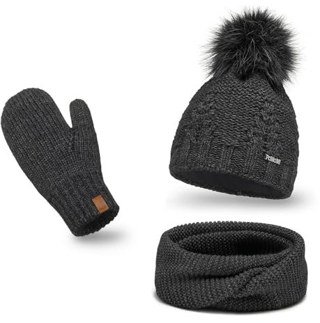PaMaMi Winterset Mütze, Schal & Handschuh-sets für Damen I Kopfumfang 55-58 cm I Wintermütze mit Fleecefutter Atmungsaktiv I Winter-Strickset für Frauen I Fäustlinge Mütze Schal set Damen