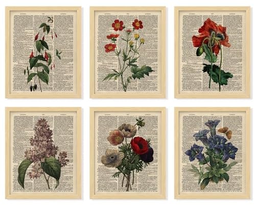 97 Decor Floral Vintage Wall Art Print - Antique Botanical Wall Art, Flower Book Wall Decor, Upcycled Dictionary Flower Poster, Wildflower Pictures for Bedroom Home Decorations (8x10 Unframed)