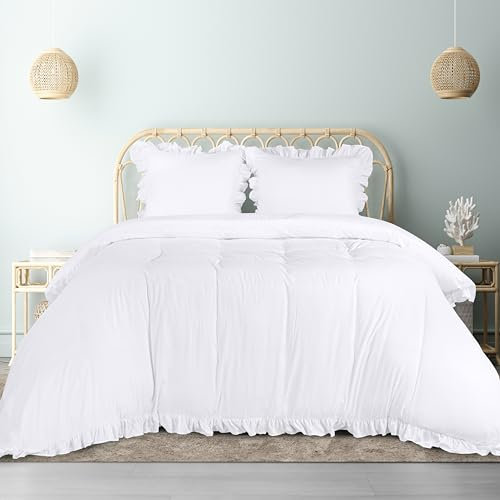 Utopia Bedding Housse de Couette à Volants 200x200 cm avec 2 Taies d'oreiller 80x80 cm (Blanc) - Parure de Lit 200x200 cm - Ensembles de Housses de Couette en Microfibre brossée Douce