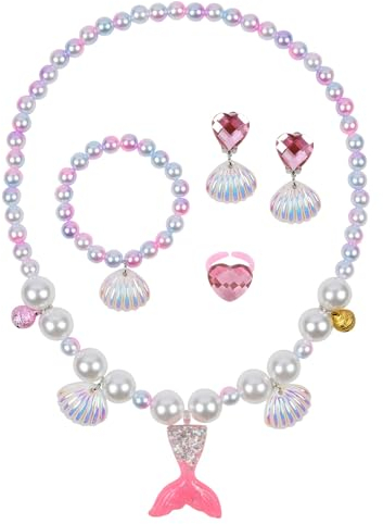 OSDUE Meerjungfrau Schmuckset Mädchen, Meerjungfrau Kinderschmuck Enthalten Halskette, Ringe, Armbänder, Ohrring, Meerjungfrau Kinderschmuck Set für Party Dress Up Geschenk (5 Stück)