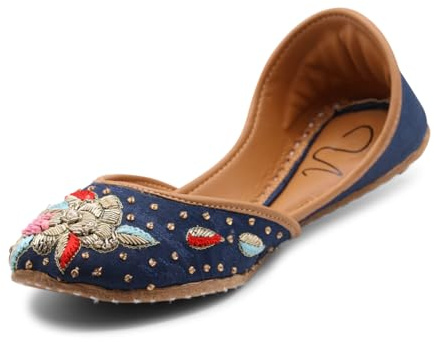 UJAALA Women's Traditional Handmade Khussa Bridal Mojari Punjabi Jutti Ethnic Flats (Blue 1, US Footwear Size System, Adult, Women, Numeric, Medium, 7)