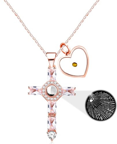 100 Sprachen I Love You Projected Zirkon Kreuz Anhänger Halskette, Herzförmiger Senfsamen Anhänger Edelstahl Halskette für Freundin Mädchen Valentinstag Geburtstag Geschenk, adjustable, Edelstahl,