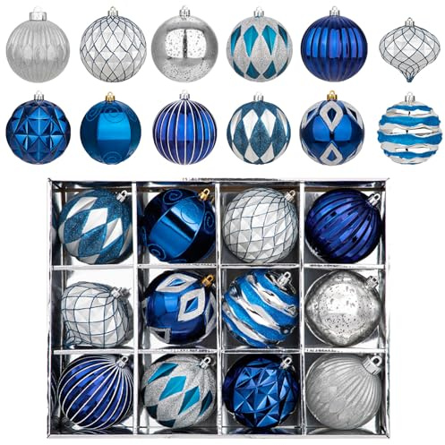 Oairse 10cm/4 Blue and Silver Large Christmas Baubles Ornaments Set 12 pcs Shatterproof Hanging Ornaments Big Baubles for Christmas Tree Decorations for Xmas Trees Home Holiday Wedding Party Decor