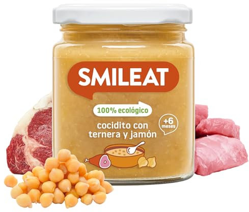 Smileat - Tarrito infantil de Cocidito con Ternera y Jamón - para Peques +6 Meses - Sin Azúcar ni Sal Añadido - Materia Prima de Calidad. Textura Suave y Fácil de Comer - 230g