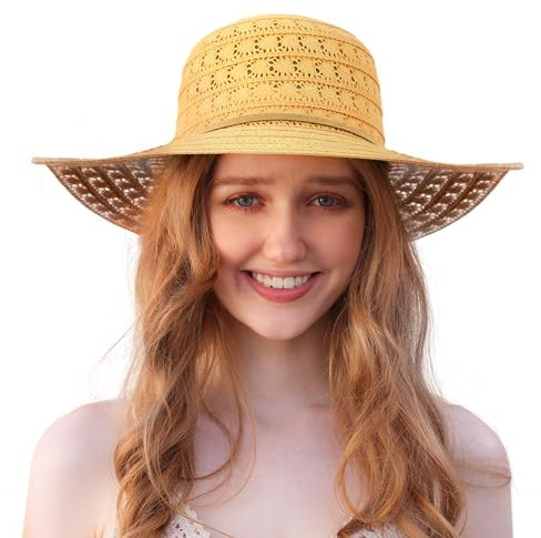 Procity Faltbarer Strohhut Damen Sonnenhut UV Schutz Strandhut mit Breiter Krempe Paris Orange