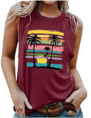 Tank Tops Women Summer Casual Sleeveless Vests Fashion Palm Tree Print Graphic Tee Tops Ladies Vest Tops Round Neck Pullover T Shirt Holiday Going Out Party Tunic Tops Shirt Loose Blouse Cami Shirts