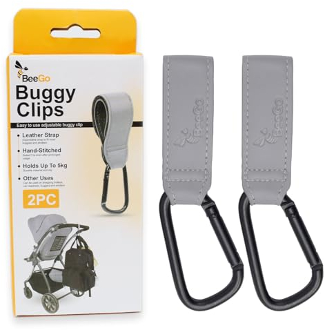 BeeGo® Kinderwagenhaken – Kinderwagen-Haken-Clips – robuste Buggy-Clips für Mama, Wickeltasche, Rucksack, Einkaufen – rutschfest, universelles Kinderwagen-Zubehör – trägt 5 kg pro Clip – 2 Stück, grau
